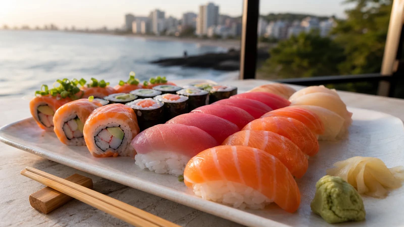 Combinado de sushi em Vila Velha com peixe fresco, hashi e vista urbana discreta