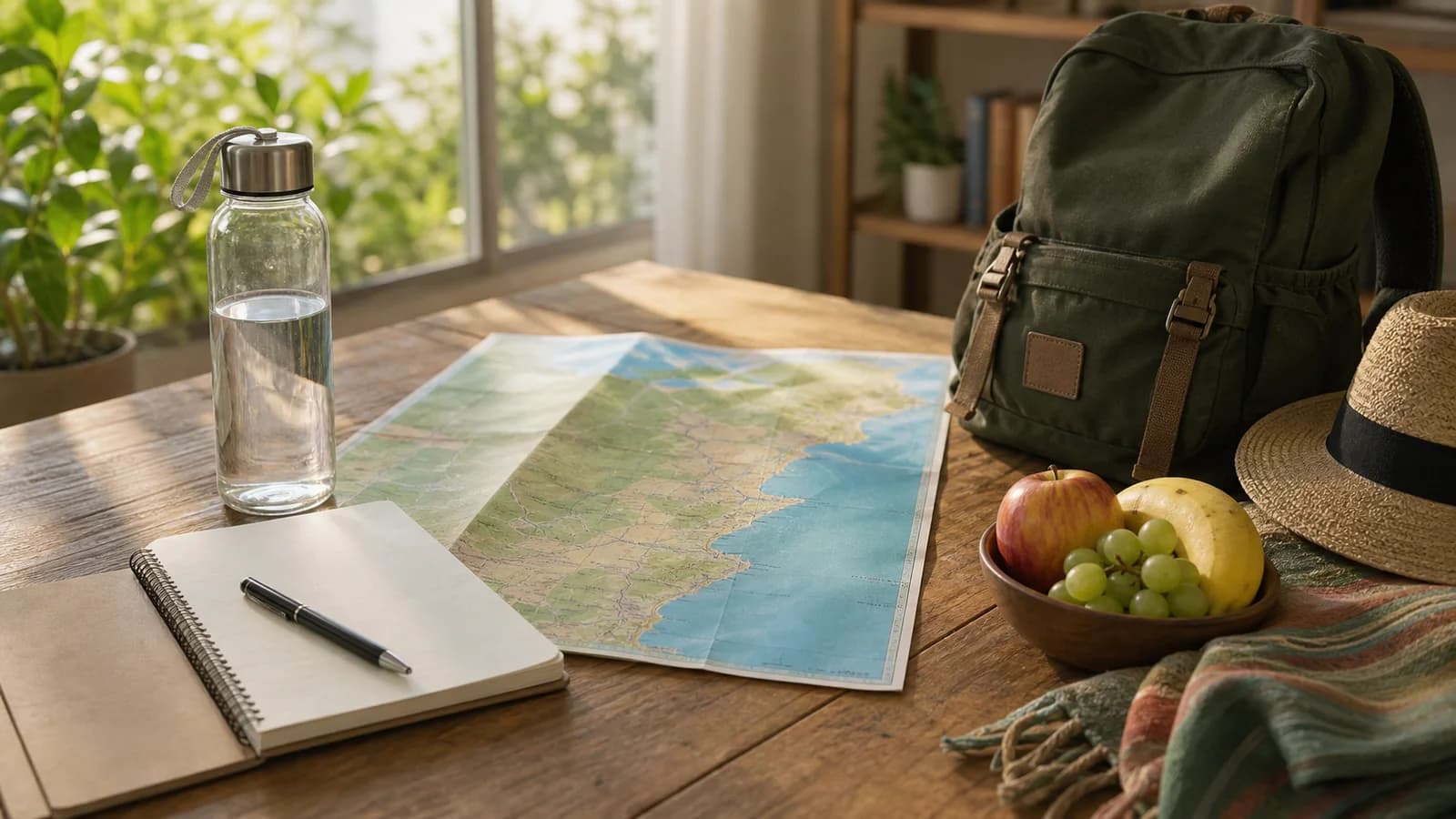 Mesa simples de planejamento de turismo no ES com mapa generico, garrafa de agua e mochila