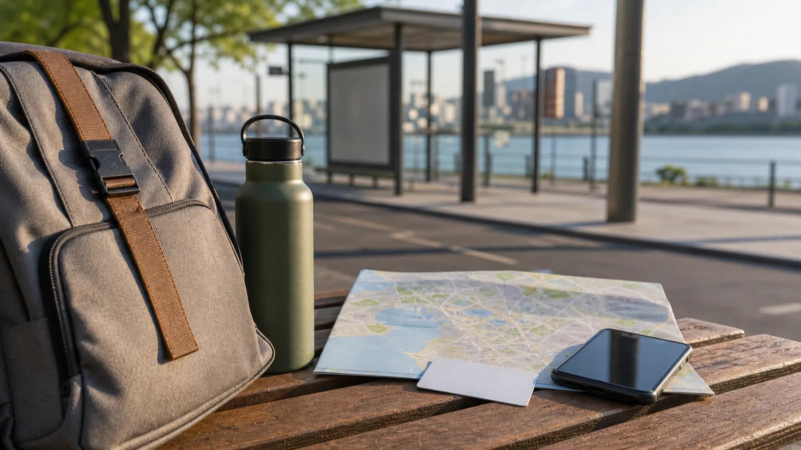 Mochila mapa e garrafa para evento urbano em Vitoria sem marcas