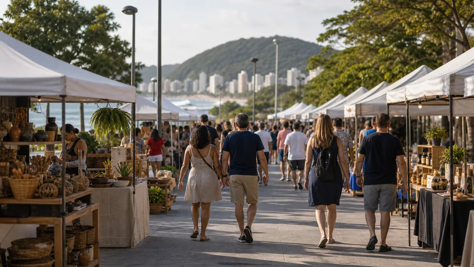 Feira ao ar livre em Vila Velha com tendas claras e circulacao tranquila vista sem rostos