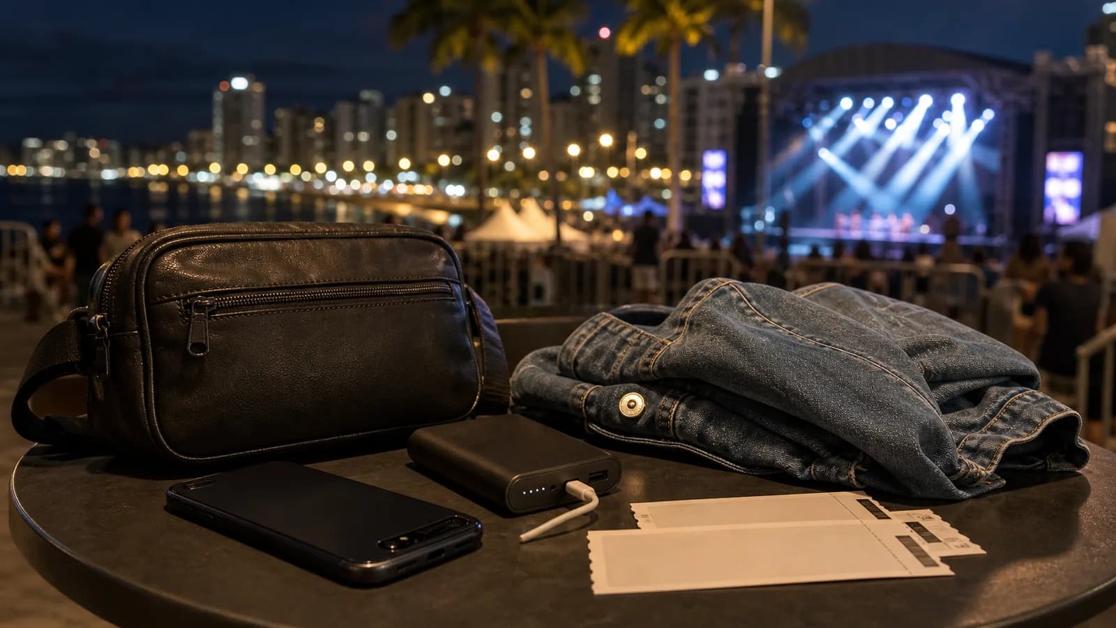 Cena noturna de show genérico em Vila Velha com luzes e público sem marcas