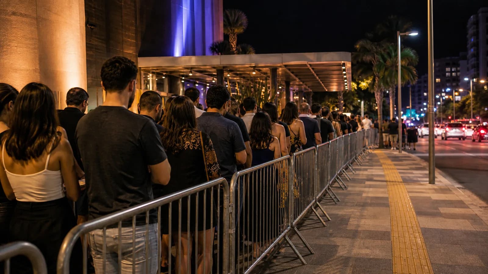 Fila organizada para show em Vitoria vista de costas com luzes urbanas ao fundo