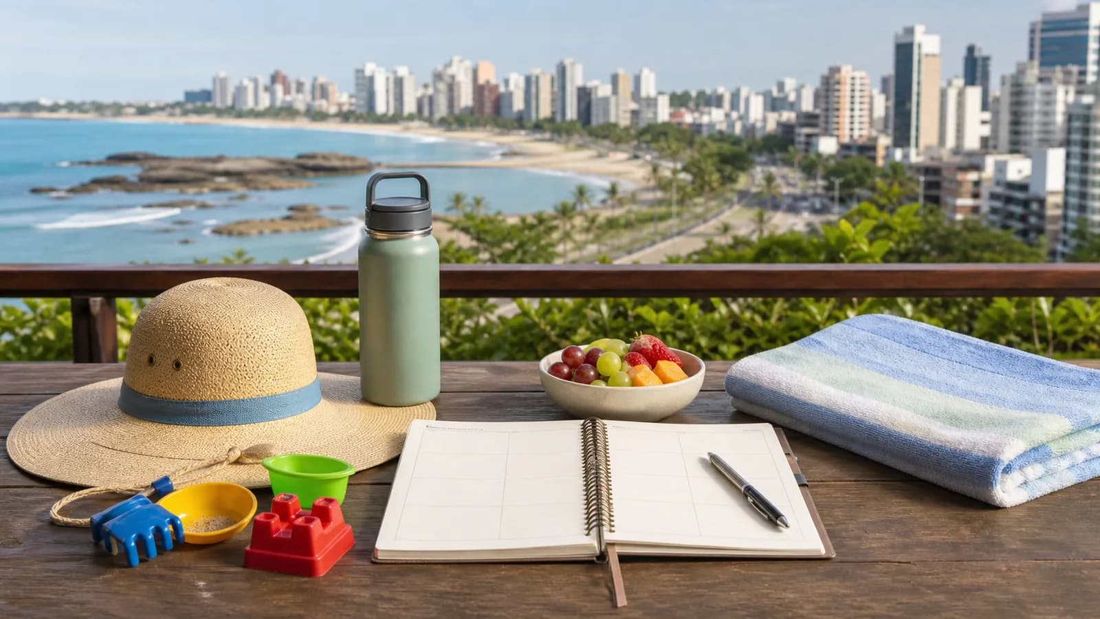 Agenda familiar com brinquedos e garrafa em mesa de praia de Vila Velha sem marcas