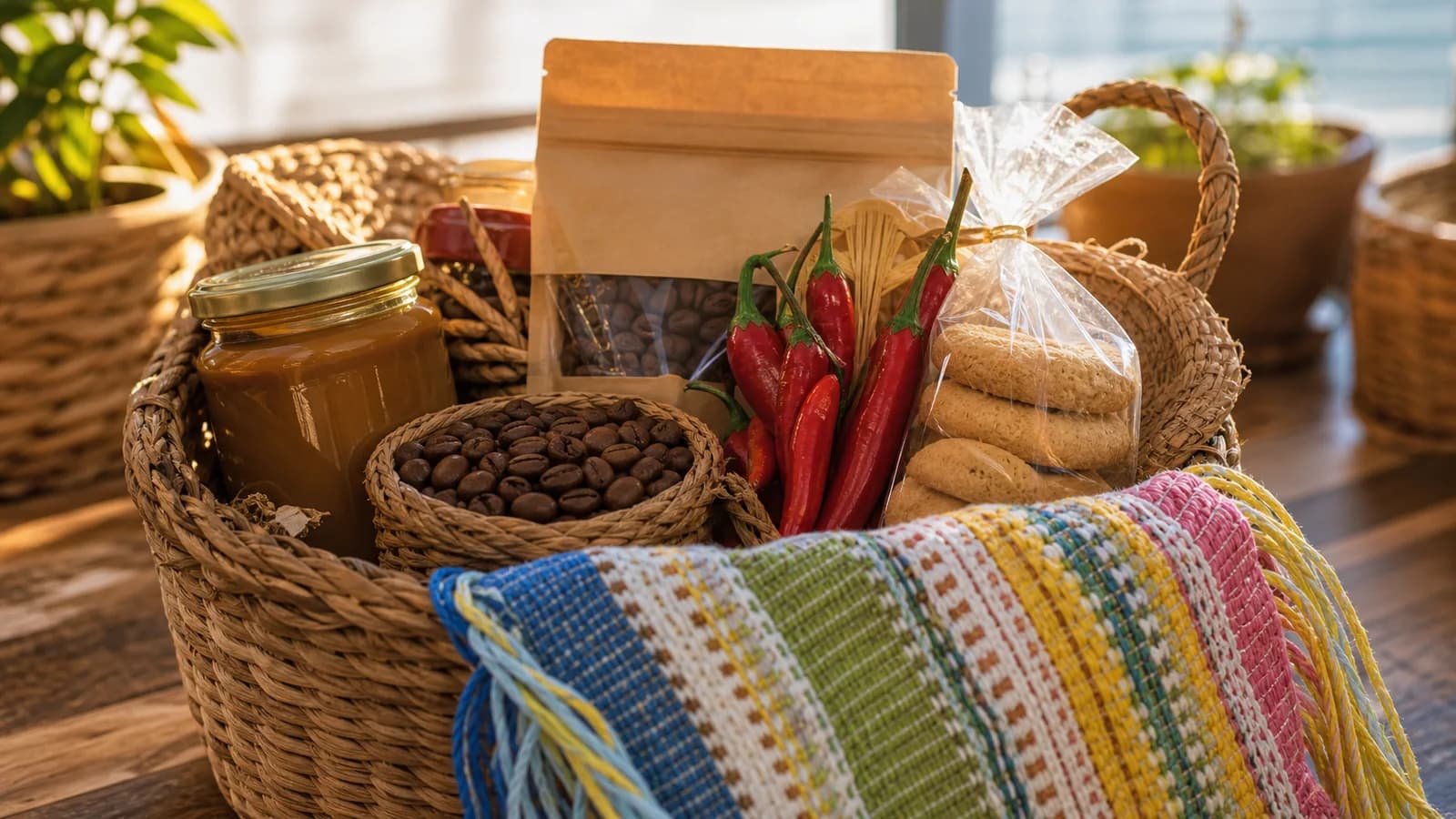 Cesta capixaba em Vila Velha com produtos locais, tecido e embalagem clara