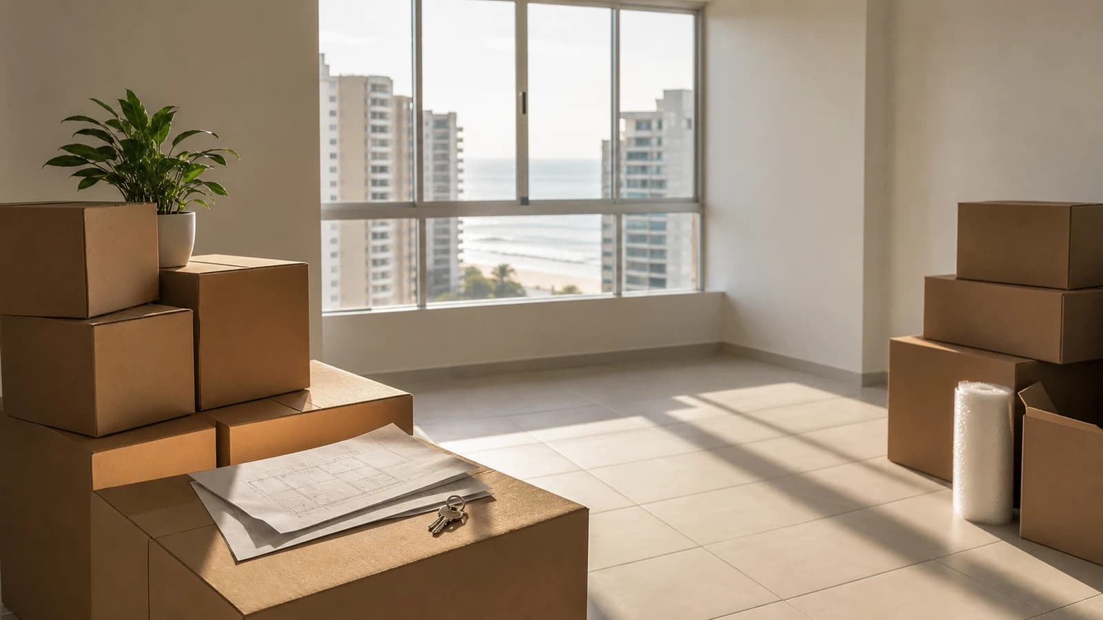 Mudanca residencial leve em Vila Velha com caixas, planta e vista de predios ao fundo