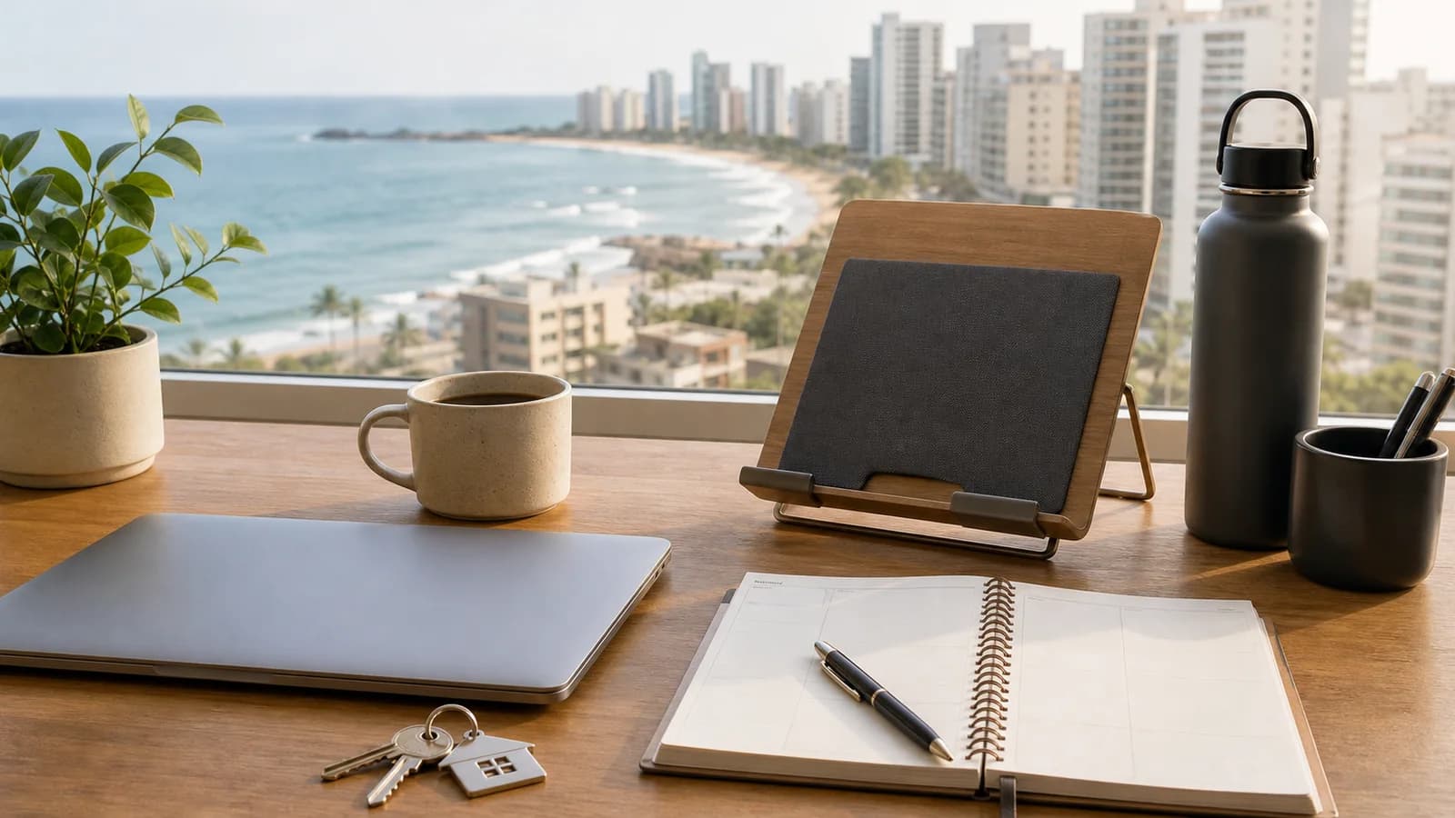 Mesa de trabalho remoto em apartamento com vista de Vila Velha sem marcas