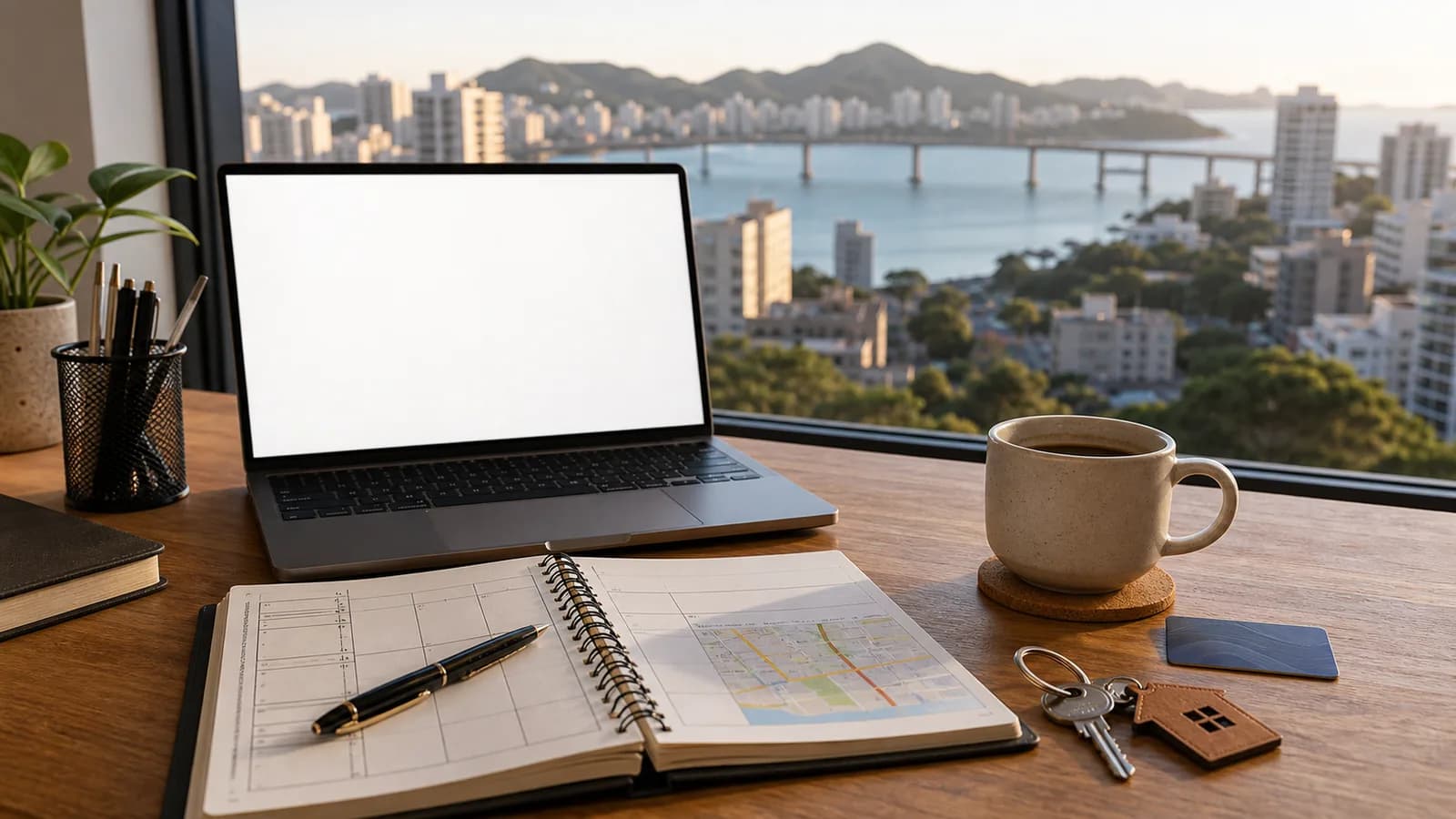 Notebook e mapa de Vitória sobre mesa de planejamento residencial