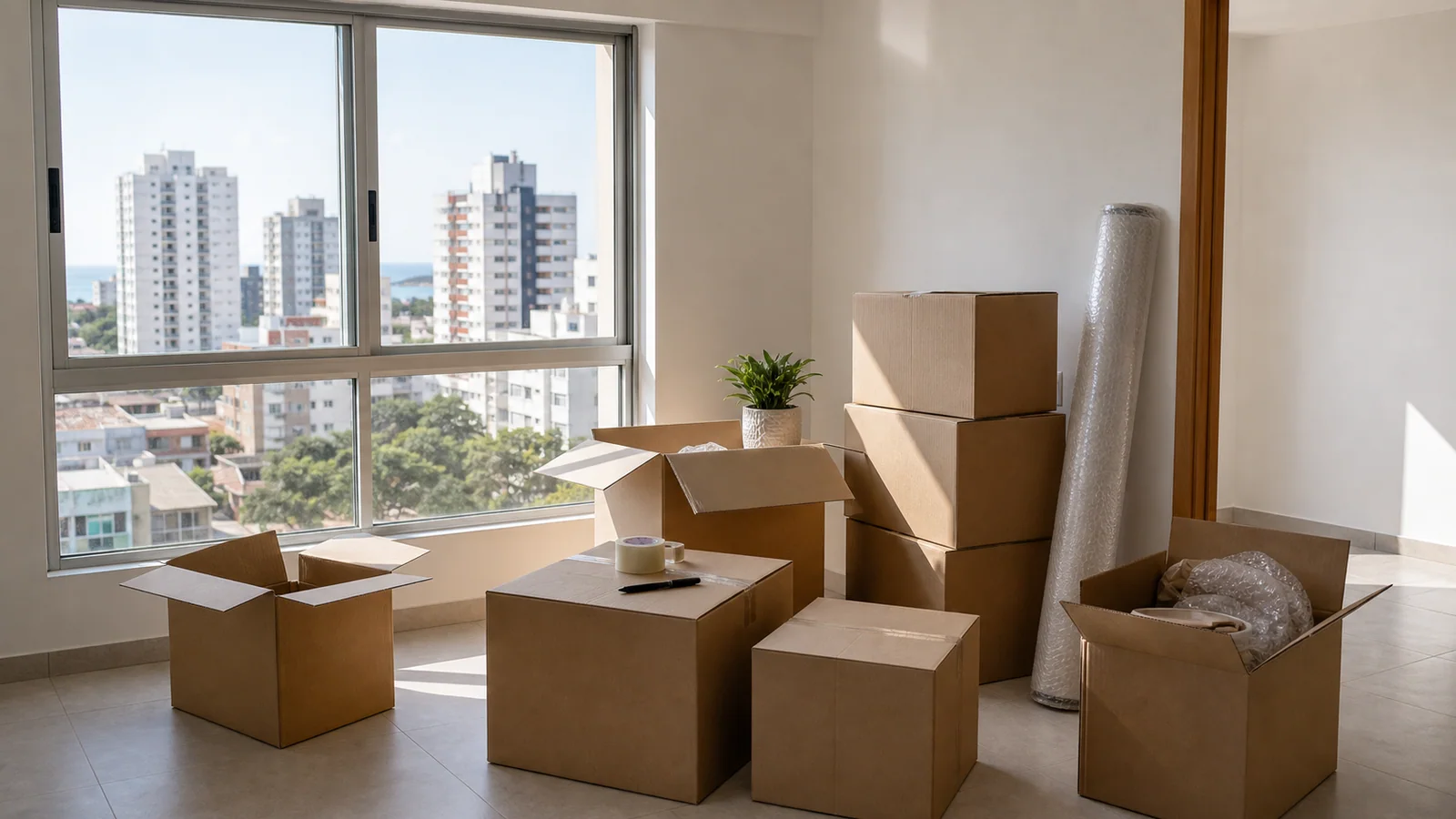 Caixas de mudanca em apartamento de Vila Velha com janela para predios urbanos