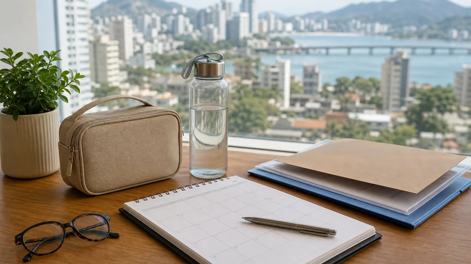 Documentos de saúde e agenda sobre mesa com vista urbana de Vitória