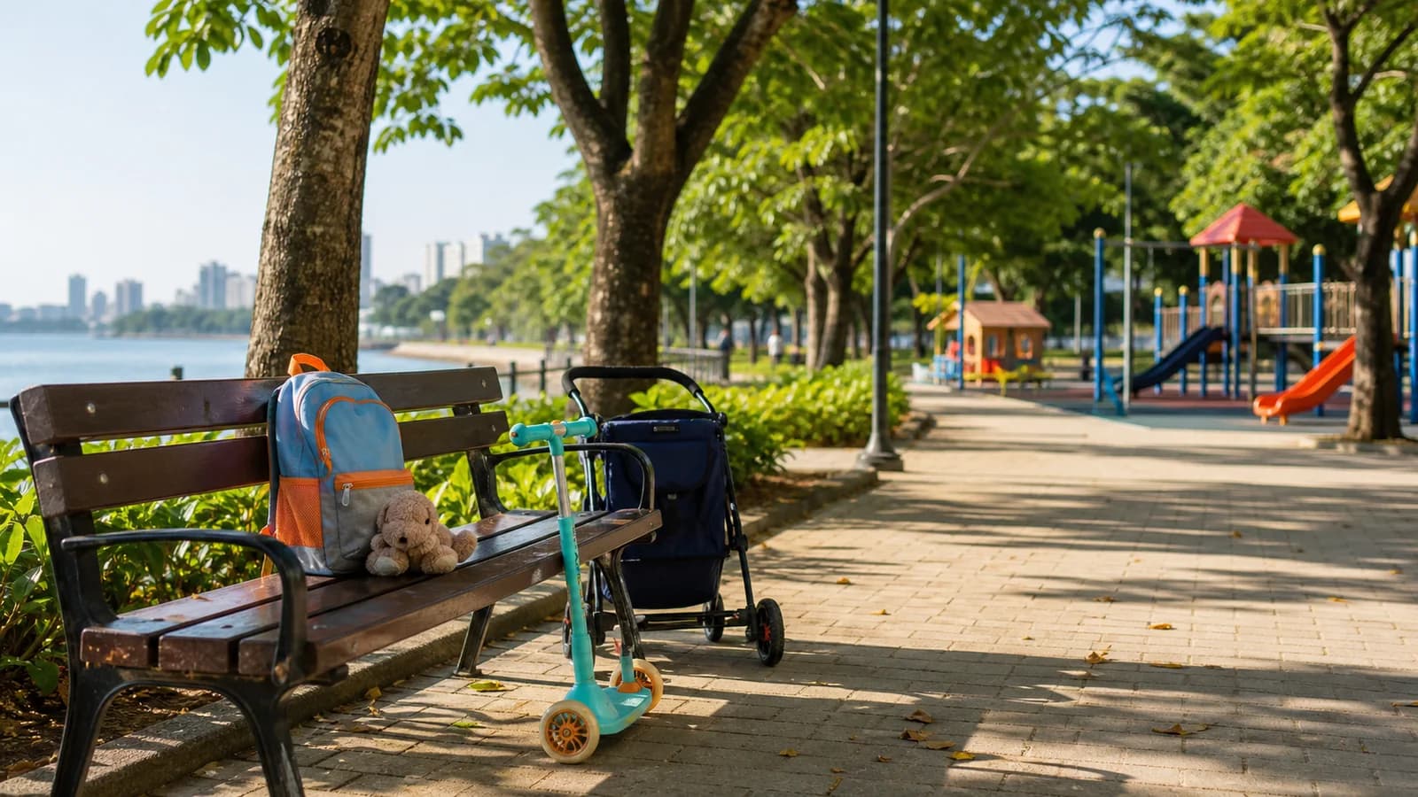 Caminho arborizado em Vitoria com brinquedos infantis distantes e sem rostos identificaveis