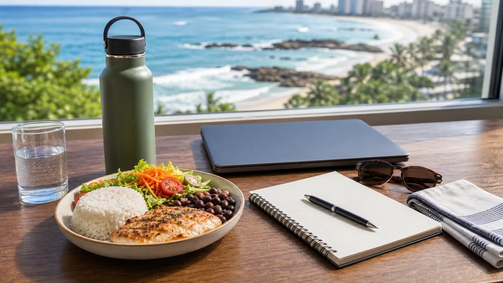 Almoco simples com notebook fechado em mesa costeira de Guarapari sem marcas