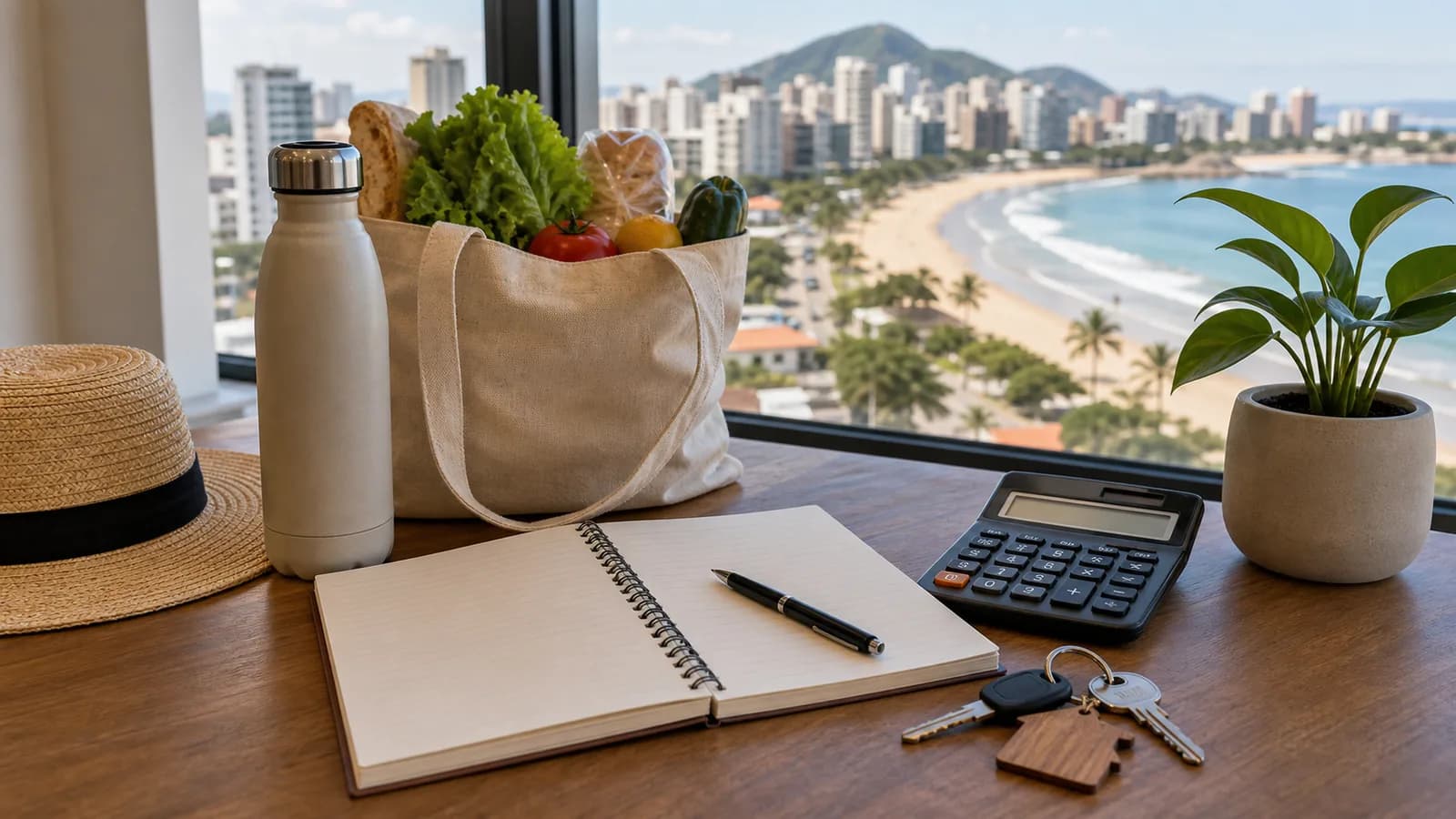 Planilha doméstica e vista litorânea de Guarapari em cena sem marcas