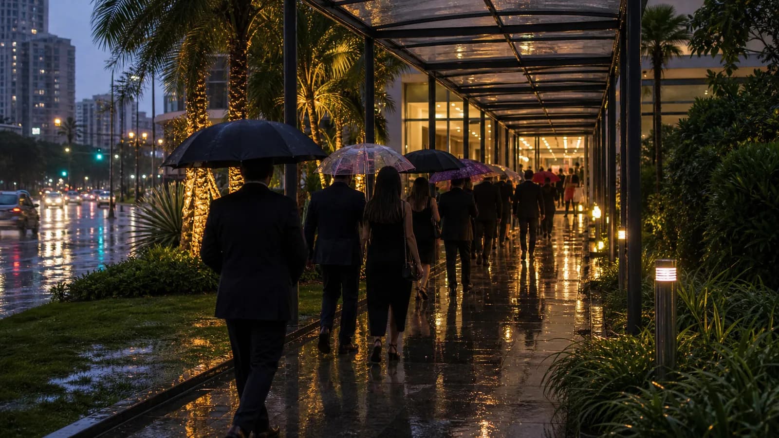 Acesso coberto a evento em Vitoria com calcada molhada e luz urbana