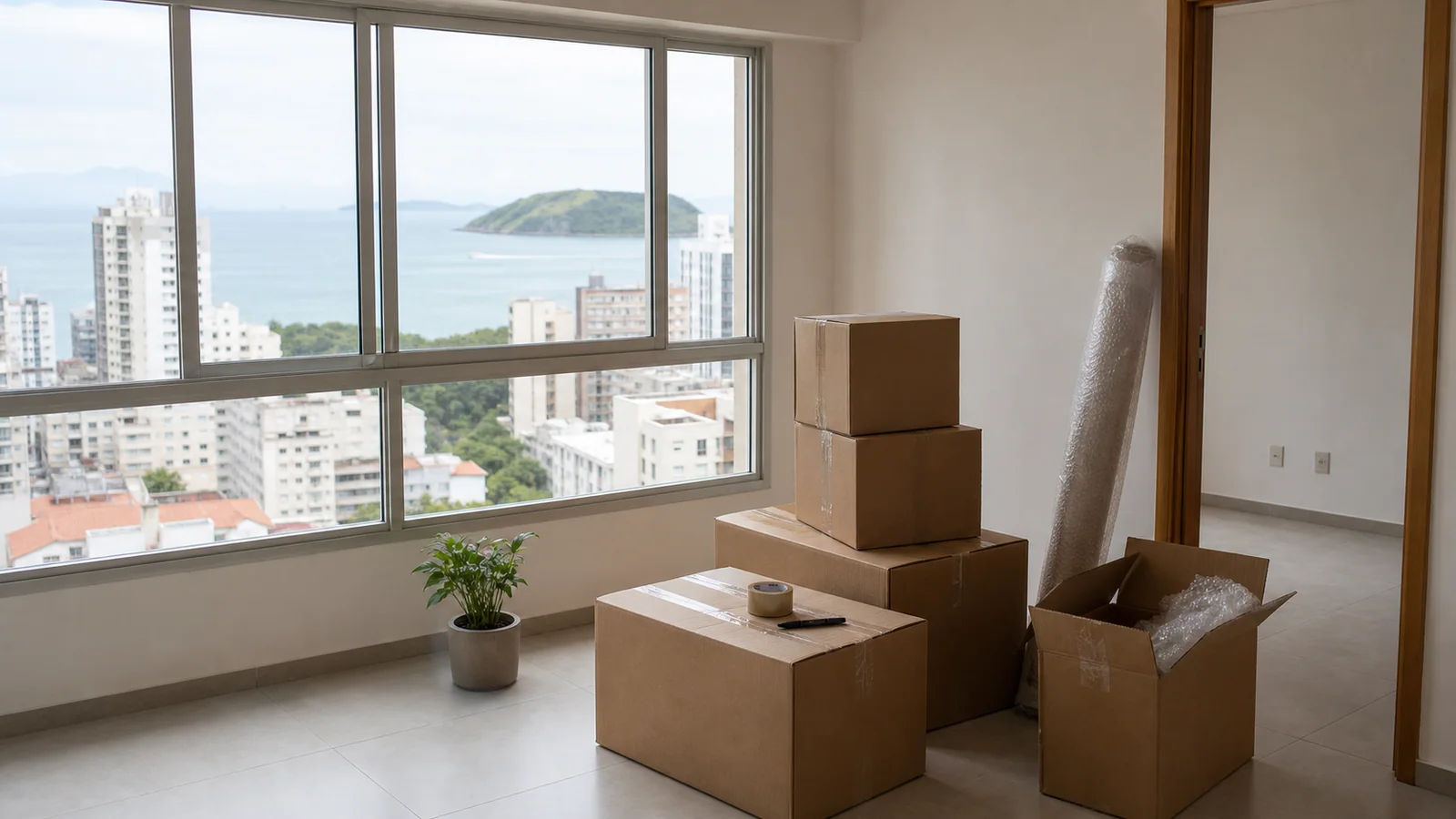 Caixas de mudanca em apartamento de Vitoria com vista urbana pela janela