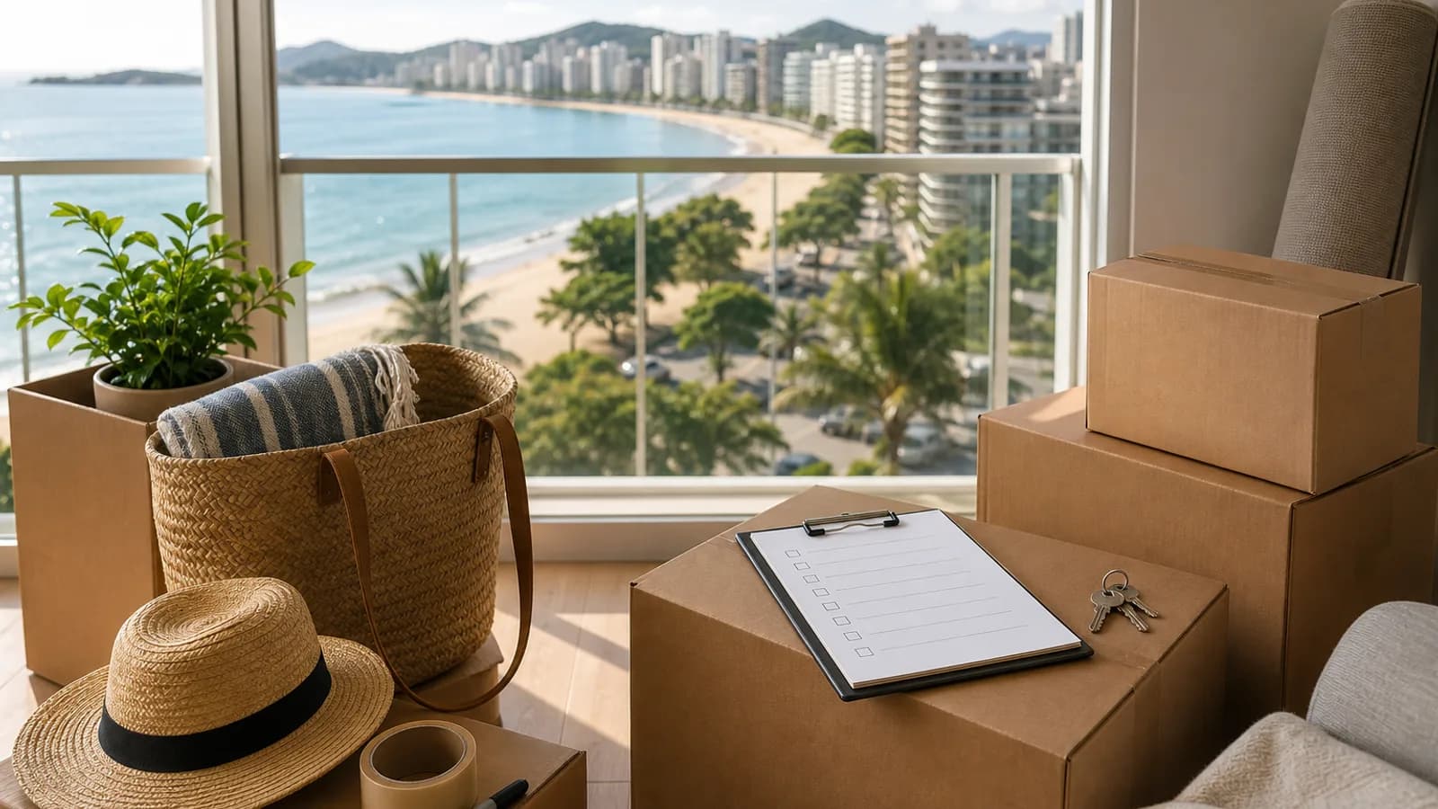 Caixas de mudança em apartamento com vista de Guarapari sem marcas