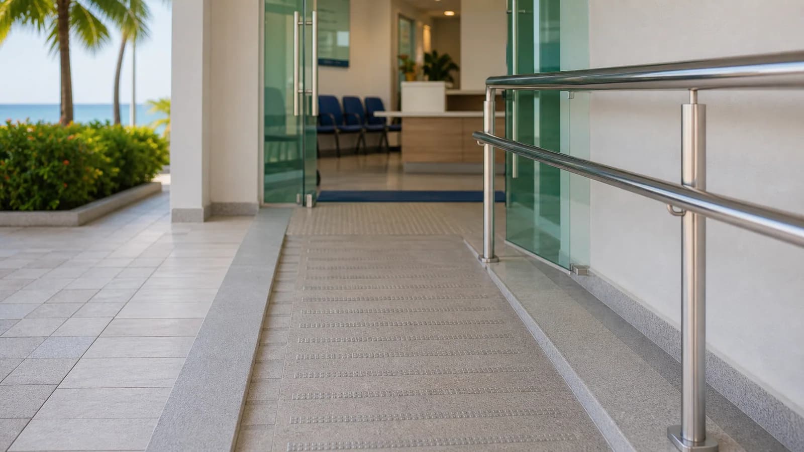 Entrada acessivel de atendimento de saude em Guarapari com piso sinalizado