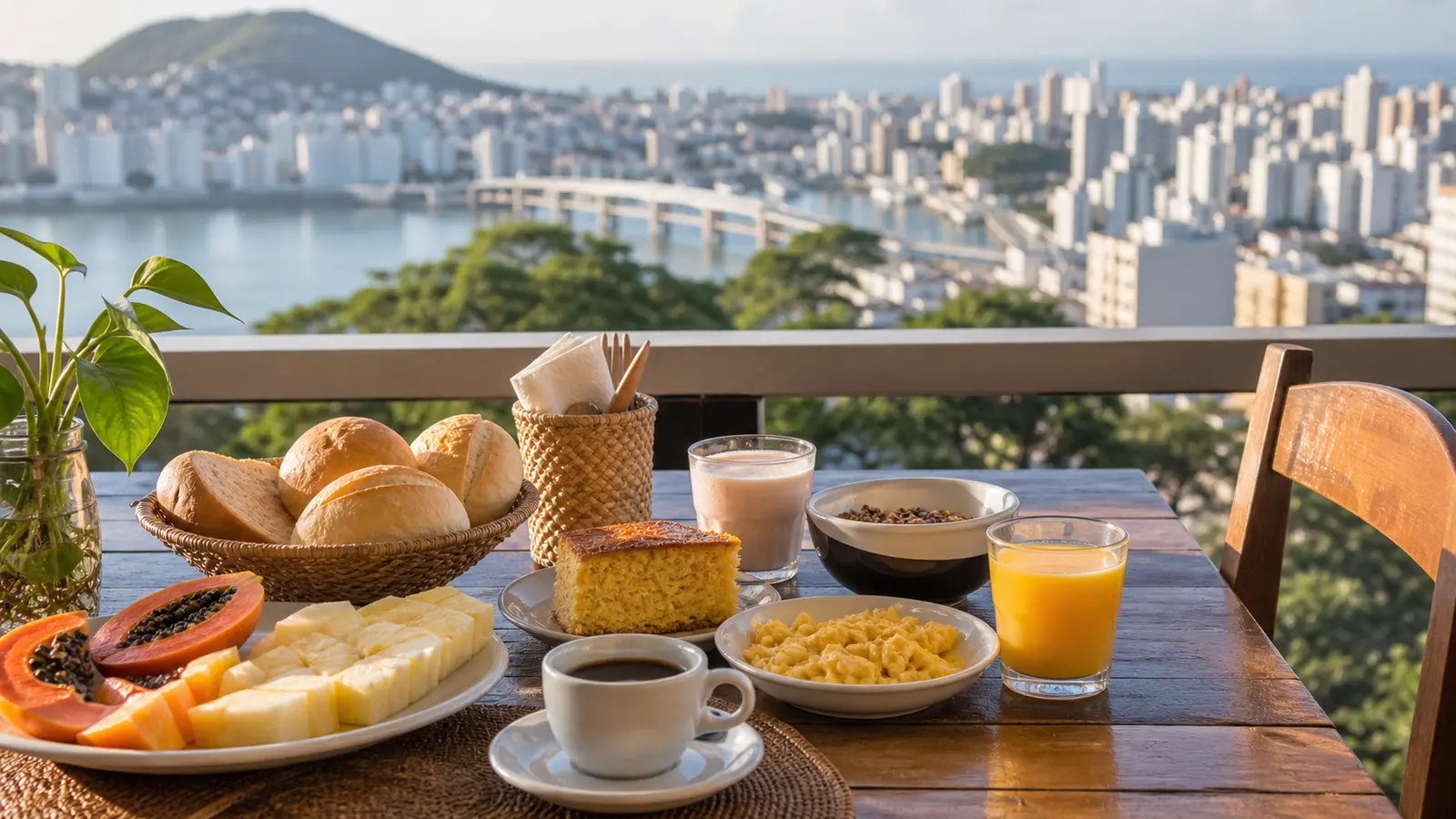 Cafe da manha generico em varanda com vista para o litoral de Vila Velha sem marcas