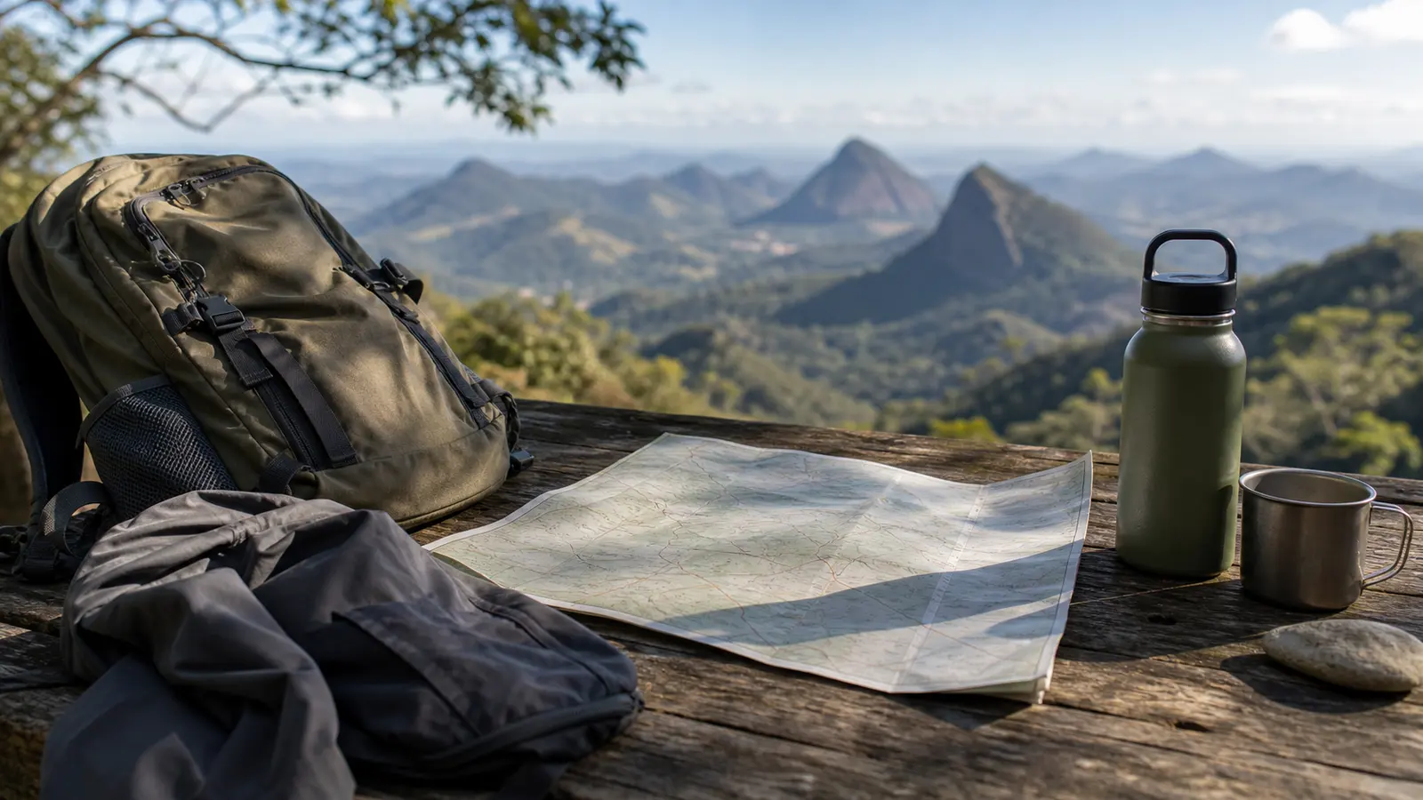 Mochila mapa e garrafa diante de paisagem de montanhas capixabas sem marcas