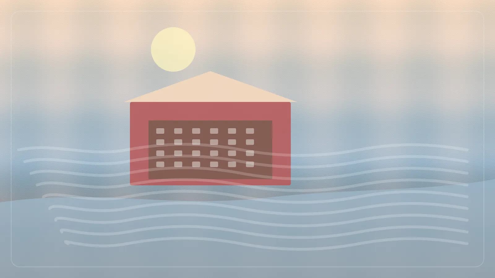 Ilustracao editorial de centro historico com predio publico, praca e baia ao fundo
