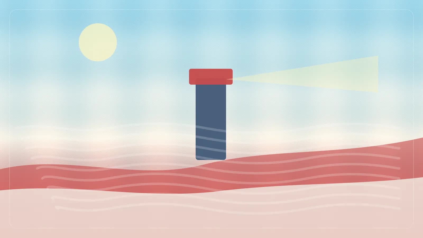 Ilustracao editorial de farol costeiro visto de area externa com mar e pedras