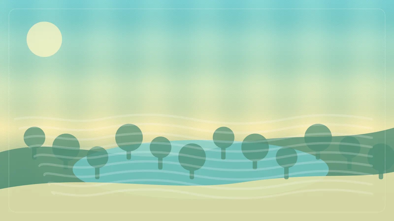 Ilustracao editorial de lagoa costeira com restinga, agua clara e passarela discreta