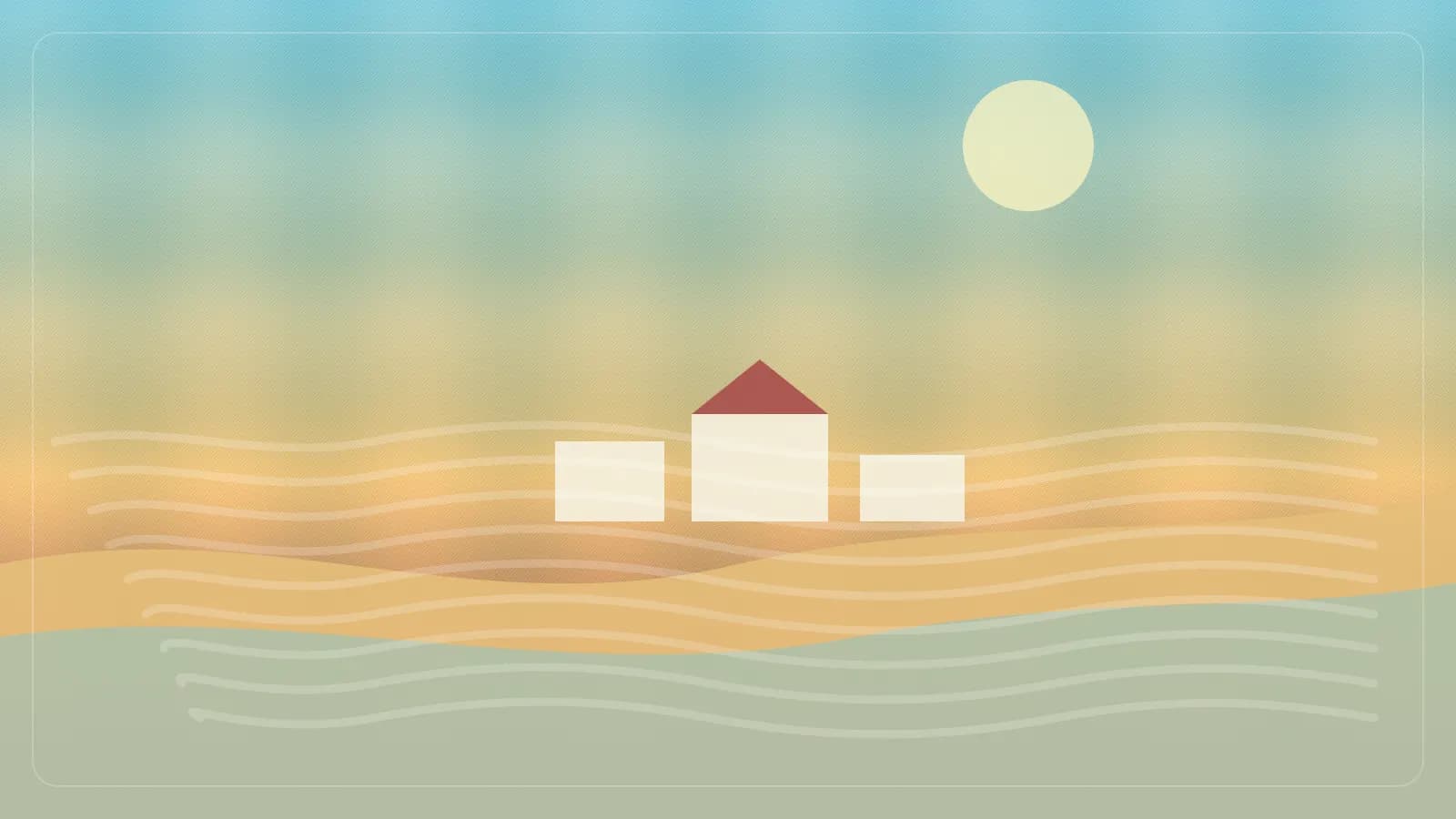 Ilustracao editorial de vila litoranea com praia, barcos pequenos e igreja em morro