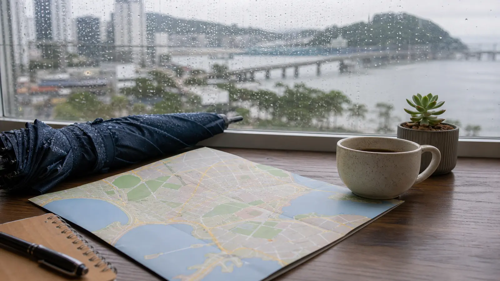 Janela com chuva sobre a baia de Vitoria e mesa de planejamento sem marcas