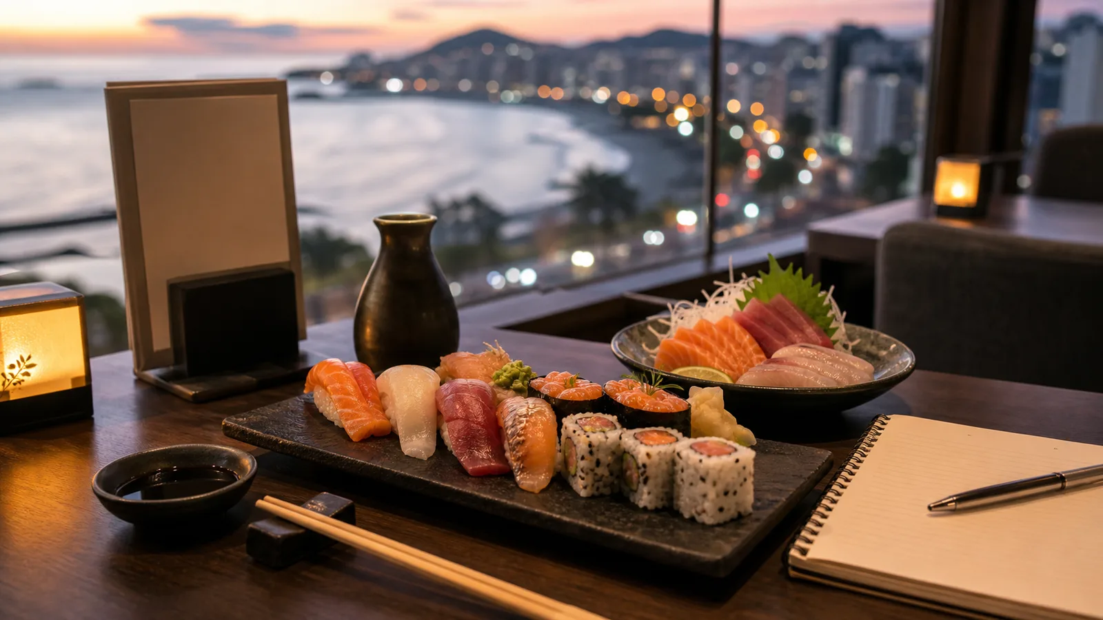 Mesa com sushi e sashimi em restaurante genérico de Vitória sem marcas