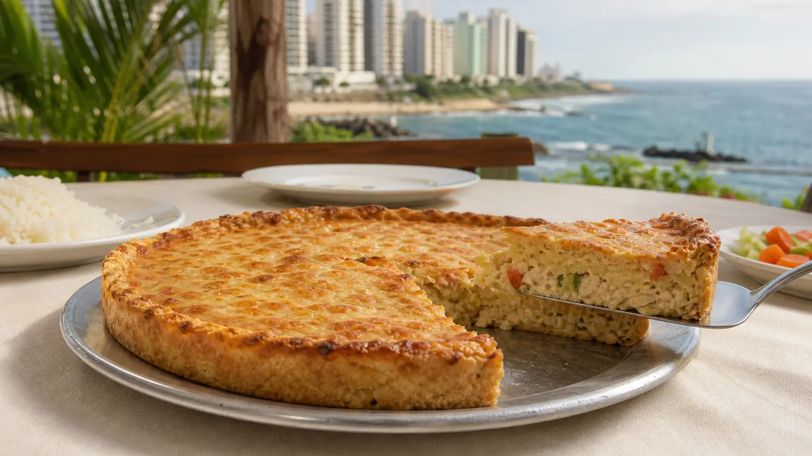 Torta capixaba generica em mesa com paisagem urbana de Vila Velha sem marcas
