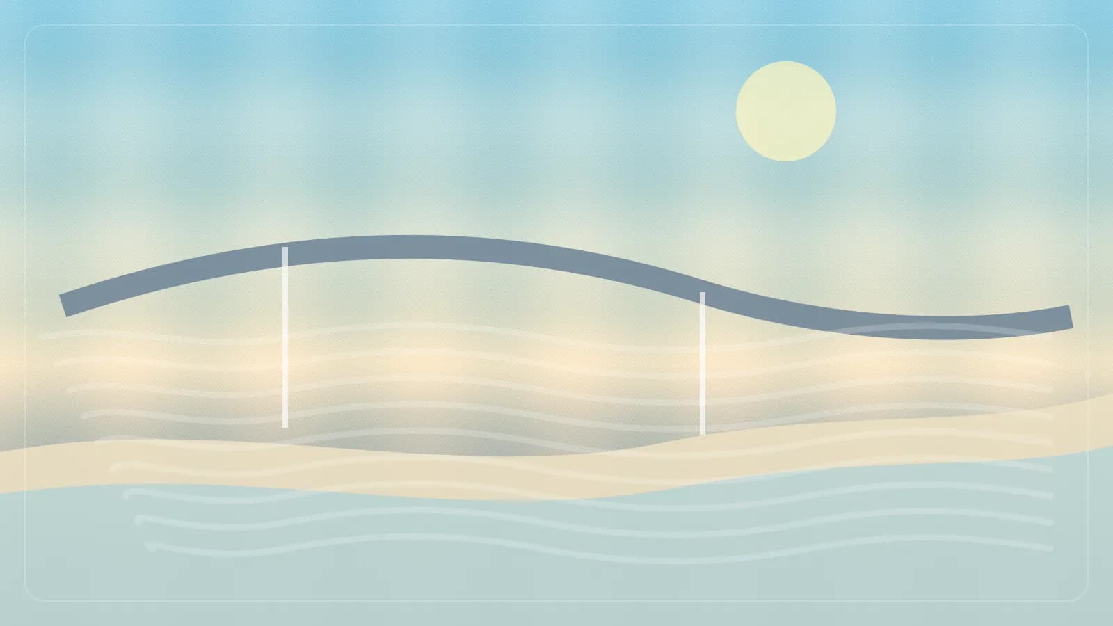 Ilustracao editorial de ponte sobre baia vista de orla urbana ao entardecer