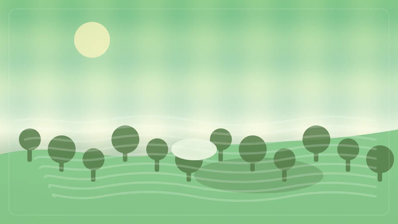Ilustracao editorial de parque historico com caminhos, arvores altas e lago pequeno