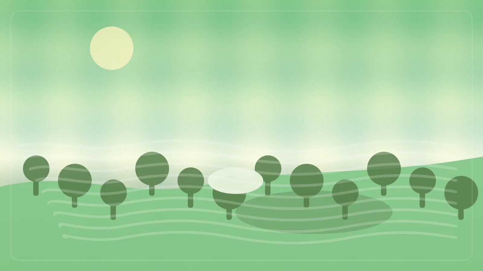 Ilustracao editorial de parque urbano com gramado, lago, rochas e vegetacao tropical