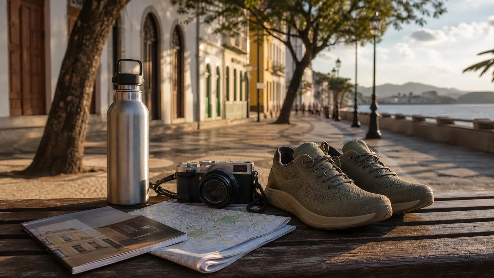 Objetos de caminhada cultural diante de rua histórica e baía em Vitória