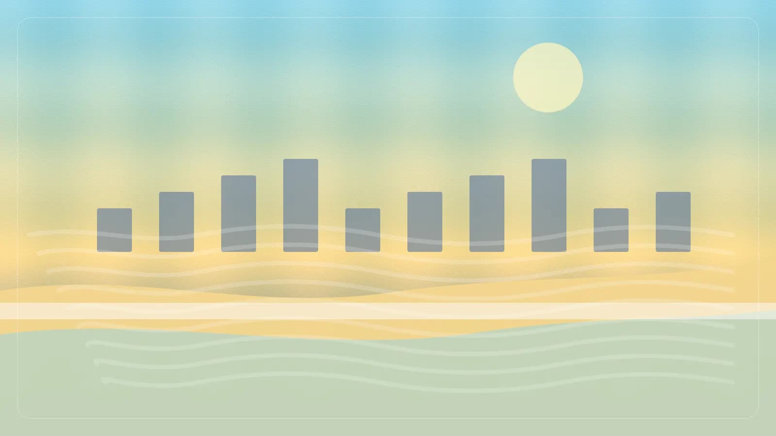 Ilustracao editorial de praia urbana com calcadao, edificios claros e mar azul