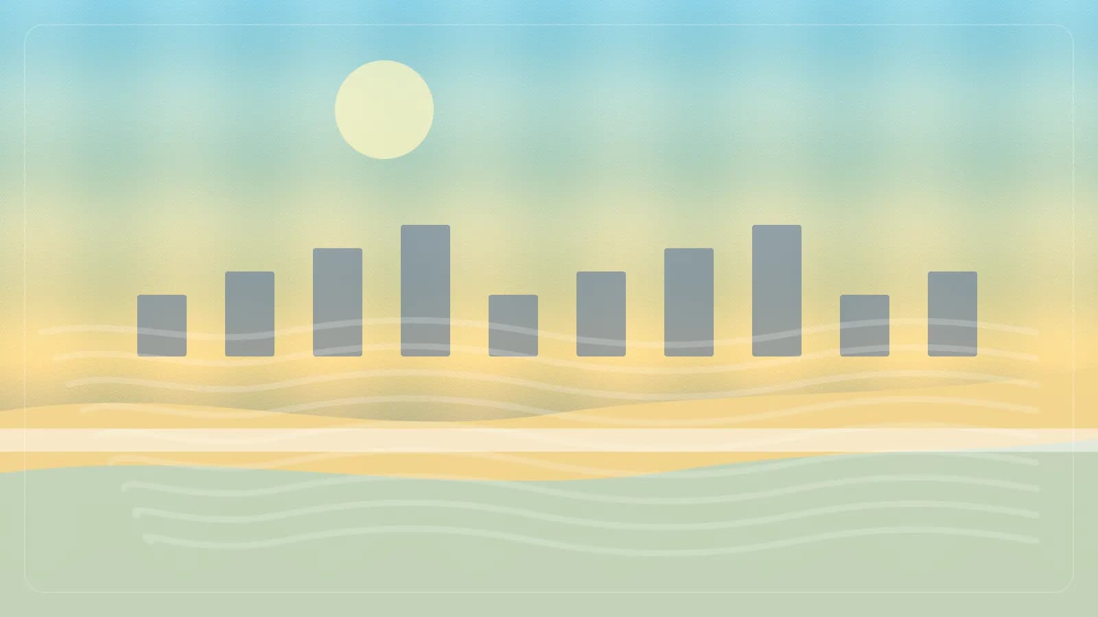 Ilustracao editorial de praia urbana extensa com calcadao, predios e mar aberto