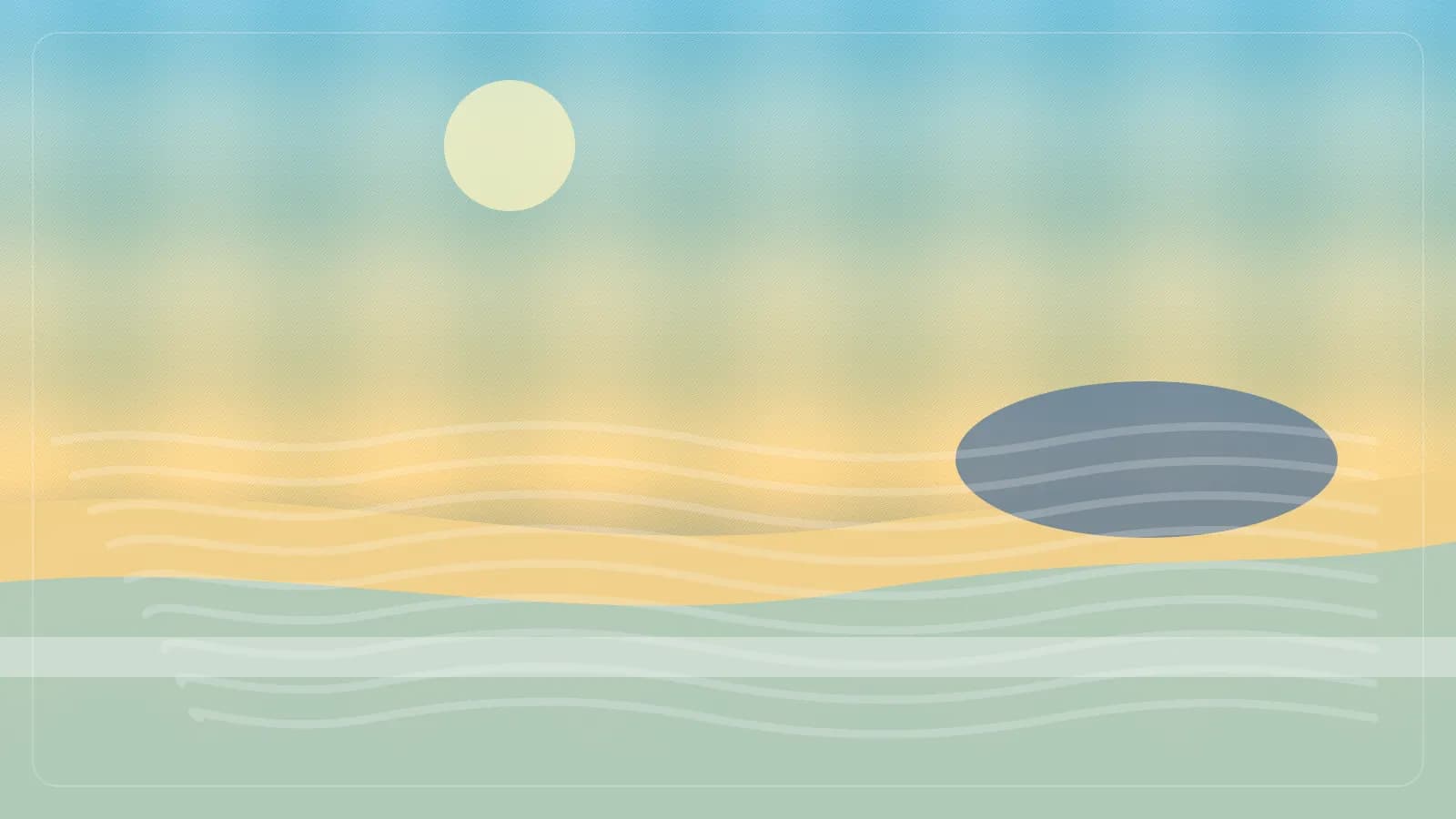 Ilustracao editorial de praia ampla com calcadao, quiosques e morro costeiro ao fundo