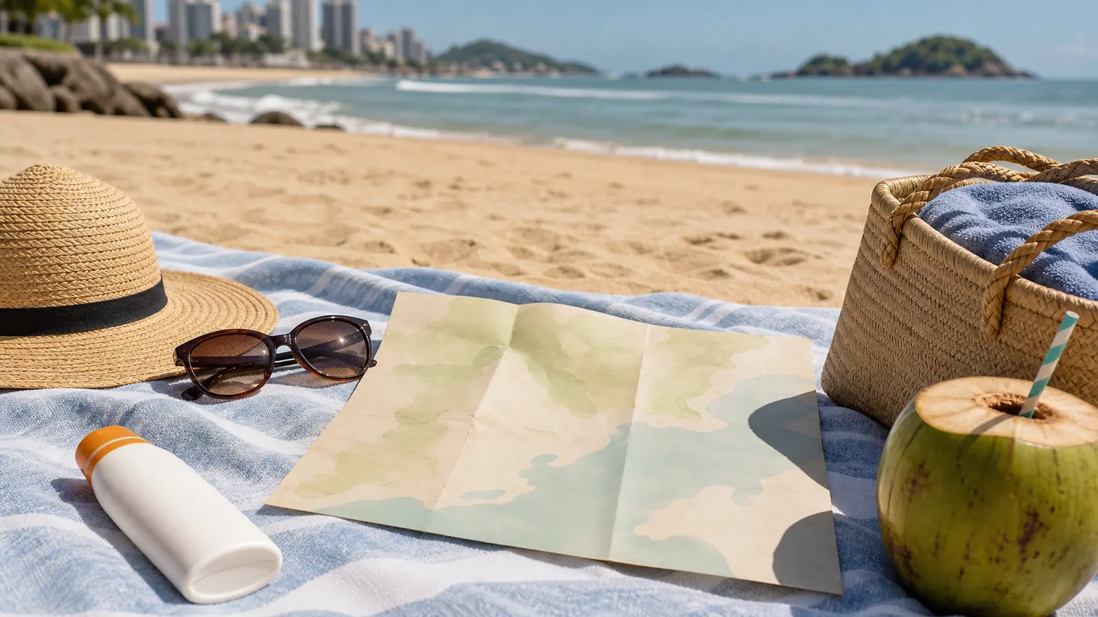 Mapa generico e itens de praia sobre areia em Guarapari sem marcas