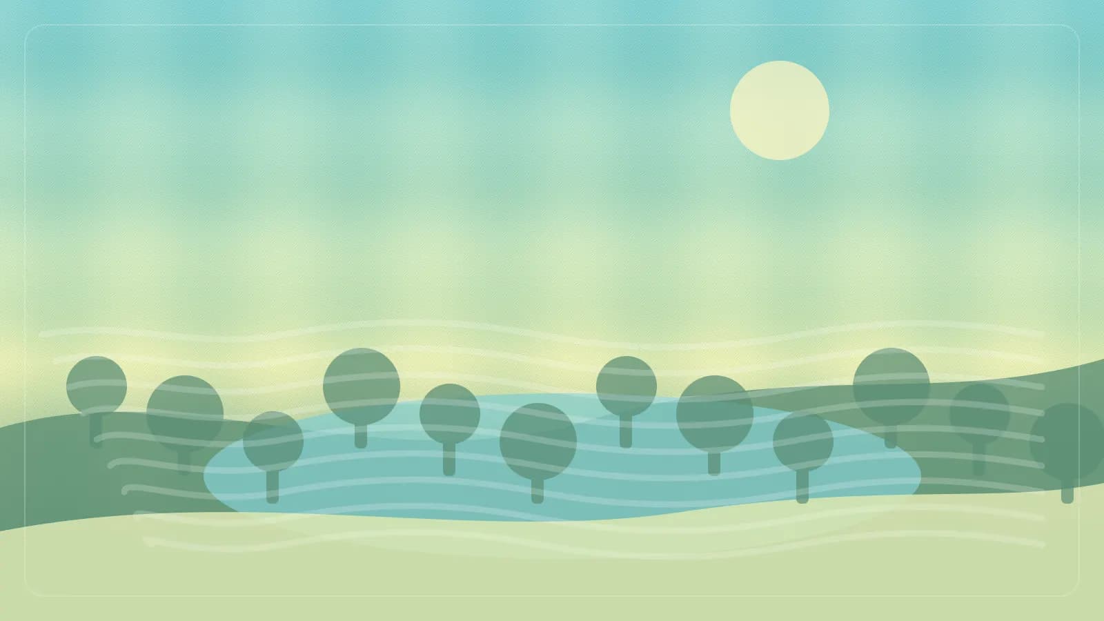 Ilustracao editorial de praia preservada com restinga, faixa de areia e parque ao fundo